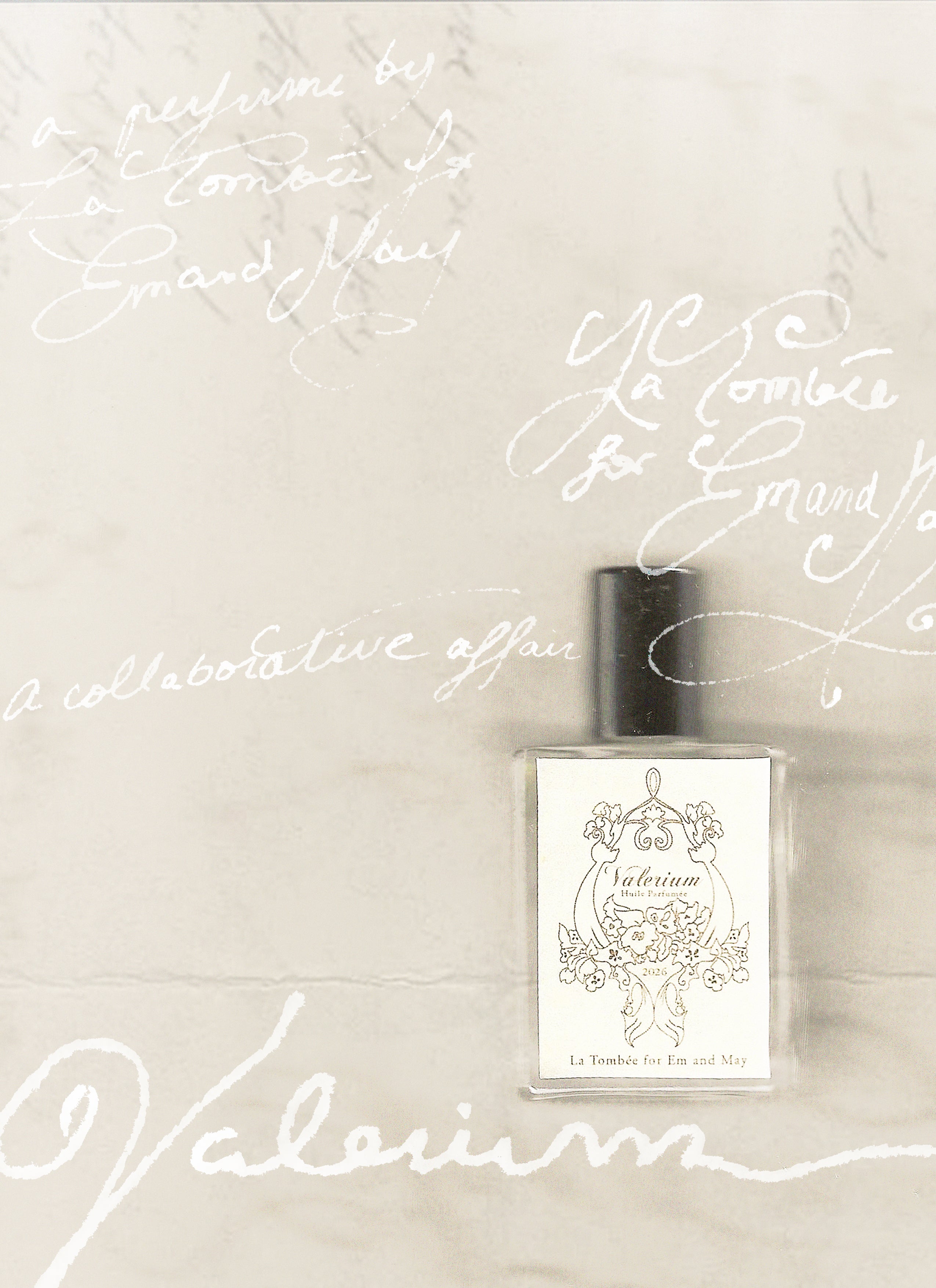 Perfume bottle labeled 'Valerium' on a light background with cursive text